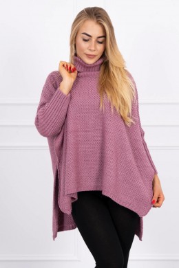 Vilnonis megztinis su aukšta apykakle ir skeltukais šonuose (Tamsiai rožinė)