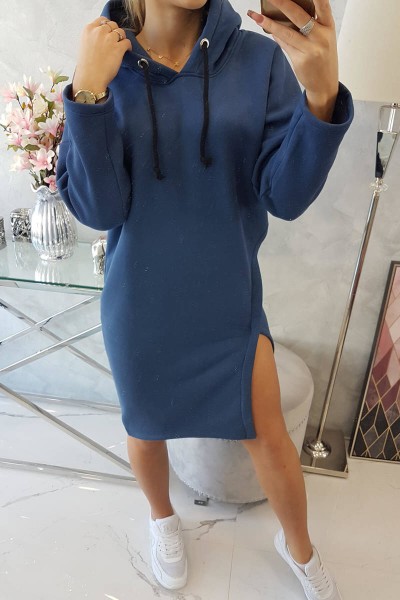 Džemperis - suknelė su gobtuvu ir skeltuku (Mėlyna)