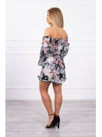 Gėlėta suknelė su ilgomis rankovėmis ir atvirais pečiais (Juoda)