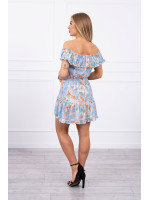 Trumpa gėlėta suknelė su atvirais pečiais (Žydra)