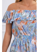 Trumpa gėlėta suknelė su atvirais pečiais (Žydra)