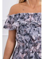 Trumpa gėlėta suknelė su atvirais pečiais (Juoda)