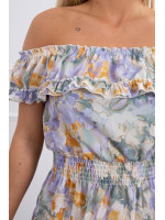 Trumpa gėlėta suknelė su atvirais pečiais (Žalia)