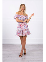 Trumpa gėlėta suknelė su atvirais pečiais (Tamsi rožinė)