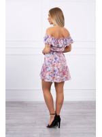 Trumpa gėlėta suknelė su atvirais pečiais (Tamsi rožinė)