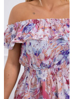 Trumpa gėlėta suknelė su atvirais pečiais (Tamsi rožinė)