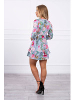 Gėlėta suknelė su V iškirpte ir dirželiu (Žydra)