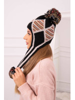 Women's long eared cap Eunika K322 (Juoda)+(Smėlio spalva)