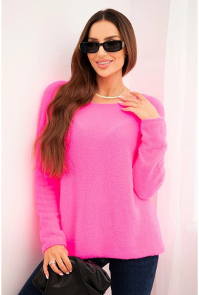Megztinis moterims su alpakos vilna apvalia iškirpte (Rožinė)