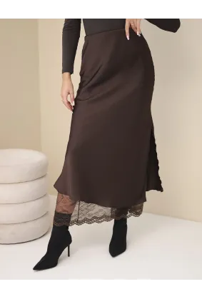 Elegantiškas midi sijonas su nėriniais (rudas)