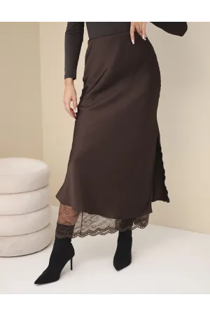 Elegantiškas midi sijonas su nėriniais (rudas)