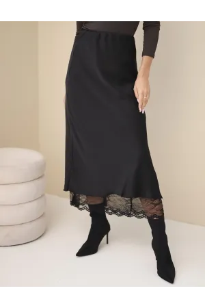 Elegantiškas midi sijonas su nėriniais (juodas)