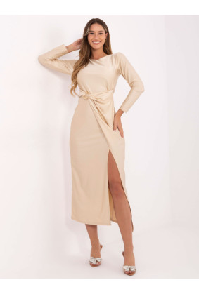 Elegantiška maxi suknelė moterims su skeltuku (smėlio)