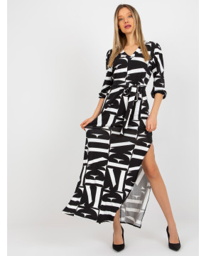 Asimetriška ilga suknelė su geometriniais raštais Lakert (juoda ir balta)